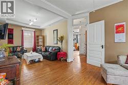 Living area with wood-finish flooring, tray ceiling, and a prominent doorway featuring an overhead transom window - 