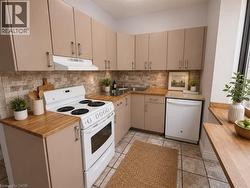 Kitchen featuring wood-finish countertops, neutral cabinetry, a tile backsplash, and a ceramic tile floor - 