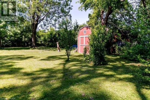 Spacious backyard featuring a red barn-style shed with white trim, mature trees, and established shrubbery - 382 Beach Boulevard, Hamilton, ON 