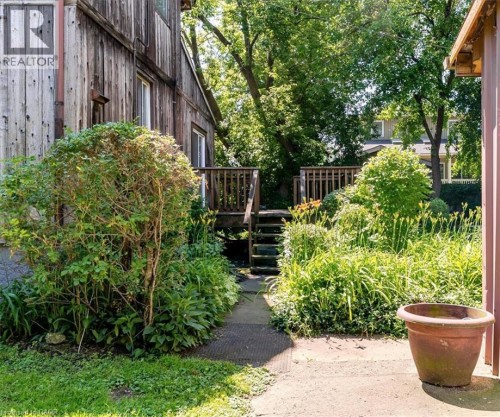 Tiered wooden deck with railing, surrounded by established plantings and mature trees - 382 Beach Boulevard, Hamilton, ON 
