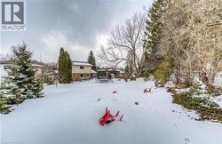 Expansive backyard featuring mature trees and a substantial snow-covered lawn - 
