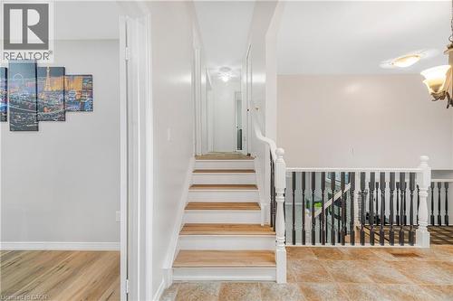 Staircase featuring wood-finish treads and white risers with a white handrail and black balusters - 23 Millpond Place, Mountain, ON 