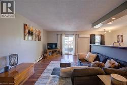 Living area with wood-finish flooring and light-toned walls - 