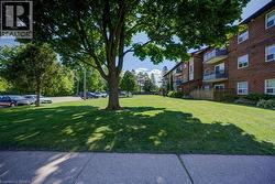 Expansive green space featuring mature trees and a paved parking area - 