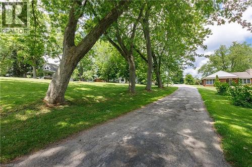 Paved driveway bordered by mature trees and manicured lawns - 176 Riverbank Drive, Cambridge, ON 