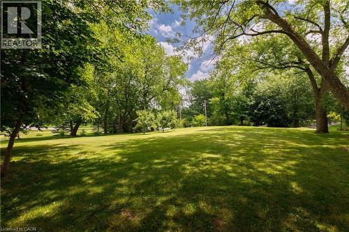 Expansive green lawn with mature trees providing dappled sunlight - 176 Riverbank Drive, Cambridge, ON 