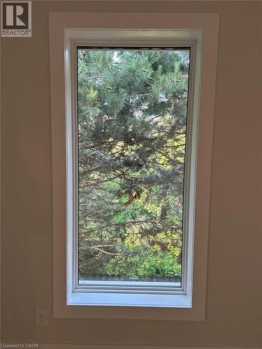 Vertical window with white trim, offering natural light and a green outdoor element - 3085 Kingsway Drive Unit# 21, Kitchener, ON 