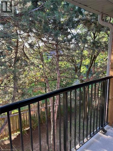 Balcony with black metal railing overlooking mature trees and a fenced yard - 3085 Kingsway Drive Unit# 21, Kitchener, ON 