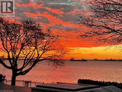 Waterfront scenery featuring a vibrant sunset, mature trees, and marine activity - 