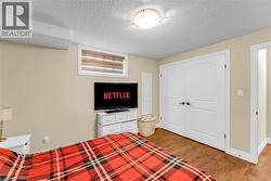Room featuring wood-finish flooring, a window with blinds, a ceiling-mounted light fixture, and white double-panel closet doors - 