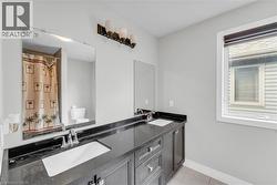 Double vanity with dark cabinetry and dark countertop - 