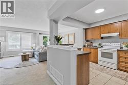 Open-concept living space featuring a kitchen with wood cabinetry, a white electric range, and dark countertops - 