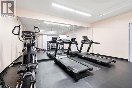 Dedicated fitness room featuring wall-to-wall mirrors, durable rubber flooring, and bright overhead strip lighting - 15 Nicklaus Drive Unit# 17, Hamilton, ON 