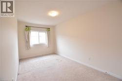 Carpeted room featuring a double-hung window with a dark curtain rod, neutral wall paint, white trim, and an overhead flush-mount light fixture - 