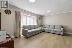Living area featuring wood-finish flooring, a bay window with drapes, and crown molding - 