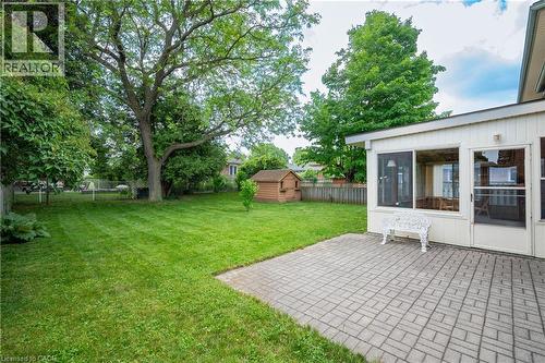 Expansive green lawn with mature trees and a screened-in porch with a paved patio - 99 Lorraine Avenue, Kitchener, ON - Outdoor