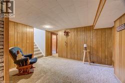 Finished lower level featuring light wood-paneling walls and a textured drop ceiling - 