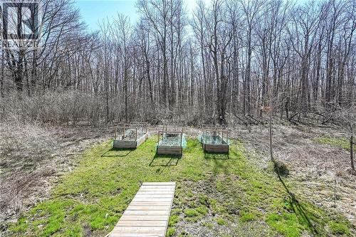 Wooded property with three raised garden beds and a timber walkway - 149 Kinsman Drive, Binbrook, ON 
