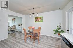Dining area featuring light wood-finish flooring, a contemporary linear pendant light fixture, and an open entryway to an additional living space - 