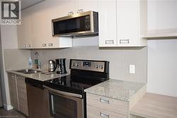 Kitchen featuring stainless steel appliances, granite-style countertops, light-toned cabinetry, and a neutral backsplash - 