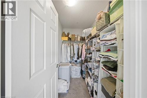 Walk-in closet featuring wire shelving, hanging rods, carpet flooring, and a ceiling-mounted light fixture - 176 Wheat Lane, Kitchener, ON - Indoor With Storage