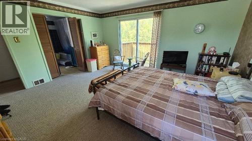 Room with light green walls and patterned carpeting, featuring a sliding glass door opening to an outdoor deck - 257 Cedar Street, Simcoe, ON - Indoor Photo Showing Bedroom