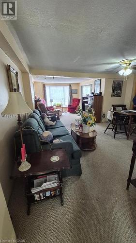 Living area featuring neutral-toned carpeting, a ceiling fan with light fixture, and a bay window providing natural light - 257 Cedar Street, Simcoe, ON - Indoor