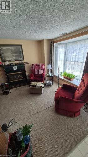 Living area featuring a fireplace with a dark mantel, light-toned carpet flooring, and a bay window with a wide sill - 257 Cedar Street, Simcoe, ON - Indoor