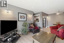 Living area with light wood-finish flooring and grey wall paint - 