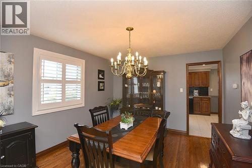 Formal dining area featuring hardwood flooring and a brass chandelier - 36 Tommar Place, Hamilton, ON - Indoor Photo Showing Dining Room
