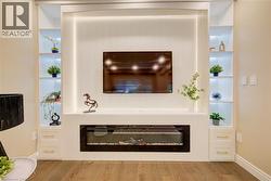 Built-in entertainment center featuring a central media niche, linear electric fireplace, and flanking illuminated display shelving - 