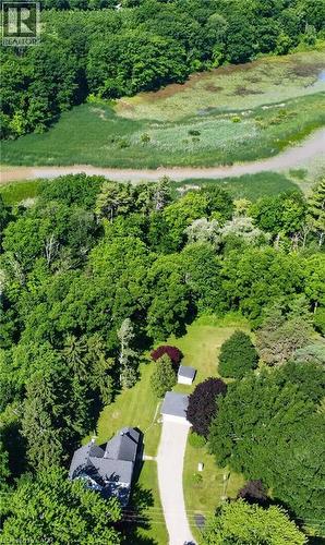 Aerial perspective showcasing expansive wooded surroundings, a winding water feature, and a residence with a dark shingled roof - 1629 Gregory Road, St. Catharines, ON 