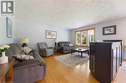 Living room featuring light wood-finish flooring, light blue wall paint, and a textured white ceiling - 