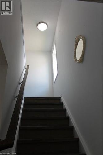 Stairwell with dark wood-finish treads and risers, a wood-finish handrail with brushed nickel supports, and a white ceiling-mounted light fixture - 27 Stillwater Street, Kitchener, ON 