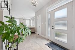 Entryway featuring a white paneled door with frosted glass inserts and a clear transom window - 