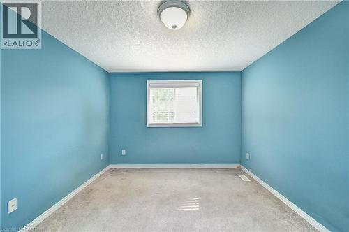 Interior room featuring blue wall paint, light-colored carpeting, and a white ceiling with a textured finish - 760 Paris Boulevard, Waterloo, ON 
