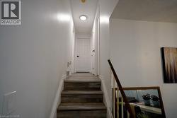 Staircase featuring wood-finish treads and risers with a white handrail - 
