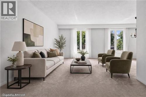 Virtually Staged Light-filled living area featuring plush carpeting and white painted walls - 5051 Brady Avenue, Burlington, ON 