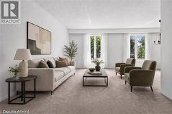 Virtually Staged Light-filled living area featuring plush carpeting and white painted walls - 