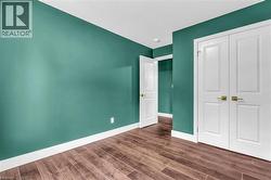 Interior room featuring wood-finish flooring, vibrant green walls, white baseboards, and white paneled doors with brass hardware - 