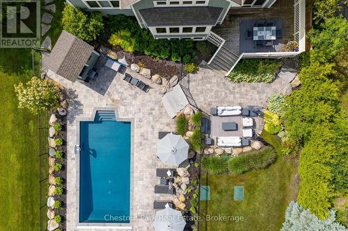 Aerial view of the back patio and pool - 176 Bartlett Boulevard, Collingwood, ON 