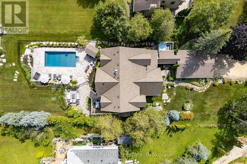 Aerial view of the house and back yard pool area - 176 Bartlett Boulevard, Collingwood, ON 