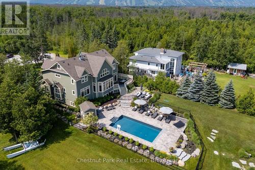 Aerial view of house and back yard pool area - 176 Bartlett Boulevard, Collingwood, ON 