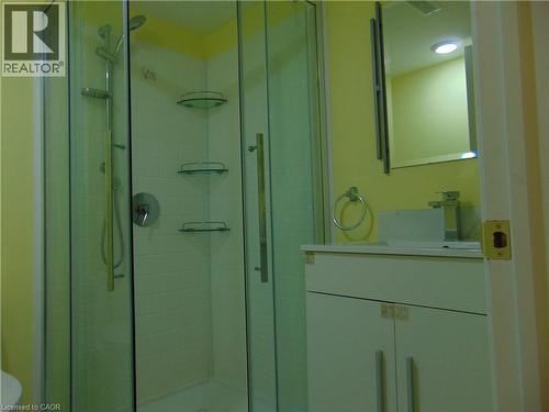Glass-enclosed corner shower with a handheld showerhead and built-in shelving - 214 Snowdrop Crescent, Kitchener, ON 