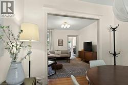 Bright living area with a wide archway opening, hardwood flooring, and neutral wall tones - 