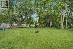 Expansive grassy yard featuring mature trees and a built-in fire pit - 