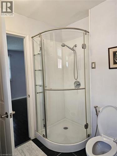 Corner shower enclosure with glass doors and integrated shelving, featuring a wall-mounted shower head and control - 19 Glenayr Street, Hamilton, ON 