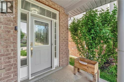 Entryway featuring brick veneer siding, a light gray door with decorative glass, sidelight windows, a transom window, and a concrete porch - 35 Dubrick Crescent, Kitchener, ON 