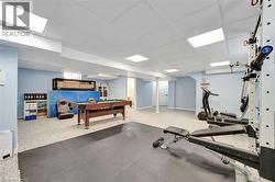 Finished lower level with light blue walls and drop ceiling - 