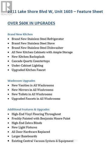 Features + Upgrades - 1603 - 2111 Lake Shore Boulevard W, Toronto, ON 